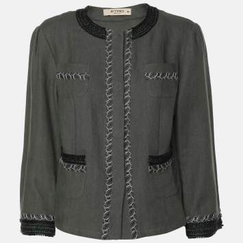 Pre Owned Etro Green Linen Embellished Button Front Jacket M