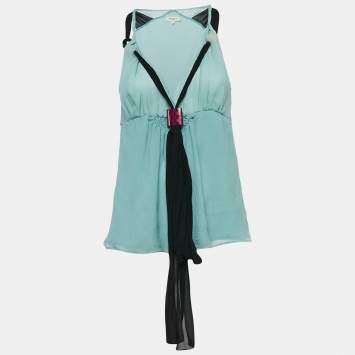 Pre Owned Etro Blue Textured Silk Crepe Sleeveless Bead Detail Top M