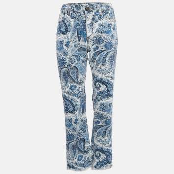 Pre Owned Etro Blue Paisley Print Denim Raw Edge Jeans M Waist 27" 