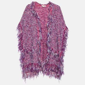 Pre Owned Etro Pink Boucle Fringed Open Front Cardigan One Size