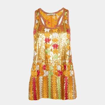 Pre Owned Etro Orange Sequin Embroidered Silk Tank Top S