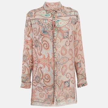 Pre Owned Etro Orange Paisley Print Crinkled Chiffon Shirt L