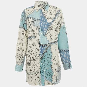 Pre Owned Etro Blue/Multicolor Printed Ramie Button Front Tunic Shirt S