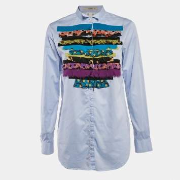 Pre Owned Etro Blue Cotton and Silk Ruffled Shirt M