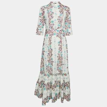 Etro White Floral Print Cotton Gathered Maxi Dress M