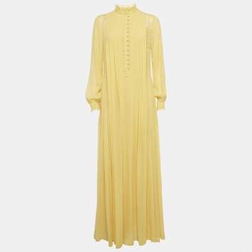 Pre Owned Etro Yellow Silk Georgette Lace Detail Pleated Maxi Dress XS  