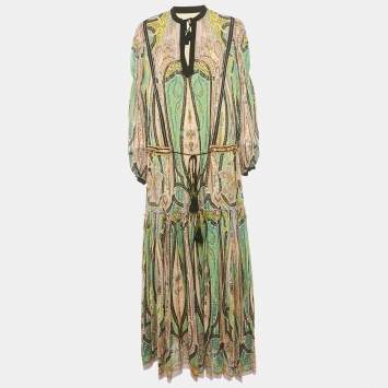 Pre Owned Etro Multicolor Paisley Print Tassel Detail Maxi Dress L 