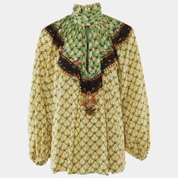 Pre Owned Etro Green/Beige Floral Print Silk Flared Blouse S 