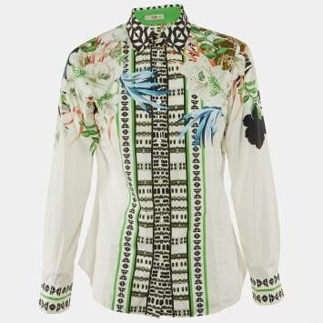 Pre Owned Etro White/Green Floral Print Cotton Long Sleeve Shirt M