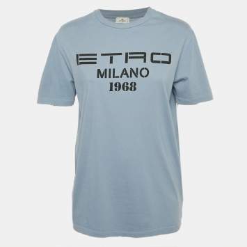 Pre Owned Etro Blue Logo Print Crewneck T-Shirt S