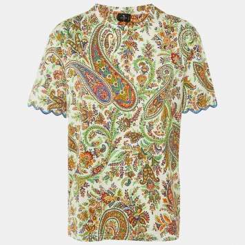 مملوكة مسبقًا Etro Cream Paisley Print Cotton Crew Neck T-Shirt M