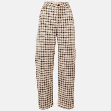 Pre Owned Etro White Checked Tweed Wide Leg Trousers M