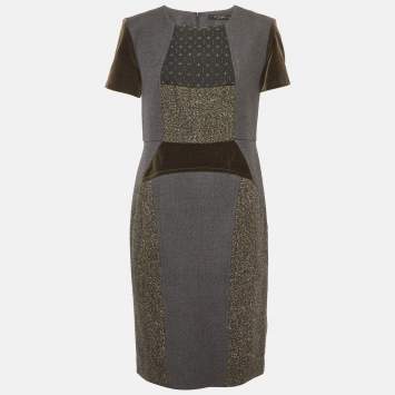 مملوكة مسبقًا Etro Grey Wool and Velvet Patchwork Shift Mini Dress L