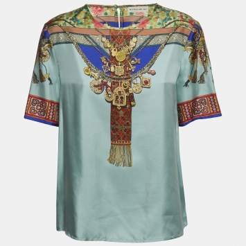Pre Owned Etro Green Printed Satin Short Sleeve Top L 