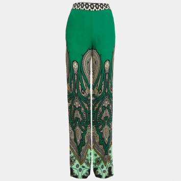 Pre Owned Etro Green Crepe Paisley Printed Crepe Regular Fit Trousers S