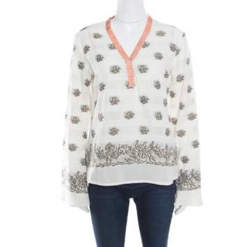 Pre Owned Etro Cream Floral Lurex Jacquard Contrast Neck Detail Long Sleeve Blouse M