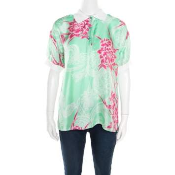 Pre Owned Etro Mint Green and Pink Floral Printed Silk Polo T-Shirt M