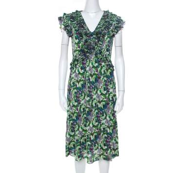 Pre Owned Etro Multicolor Floral Print Jersey Ruffle Neck Midi Dress M