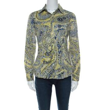 Pre Owned Etro Yellow Paisley Print Cotton Button Front Blouse S