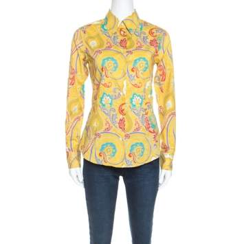 Pre Owned Etro Yellow Paisley Printed Stretch Cotton Long Sleeve Shirt S
