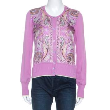 Pre Owned Etro Lavender Paisley Print Silk Sleeveless Top and Cardigan Set M