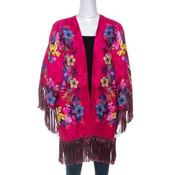 Pre Owned Etro Pink Floral Print Crepe Fringe Trim Kimono One Size
