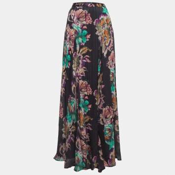 Pre Owned Etro Black Floral Printed Crinkled Silk Maxi Skirt M