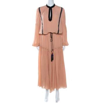 Pre Owned Etro Peach Textured Silk Waist Tie Detail Maxi Dress M