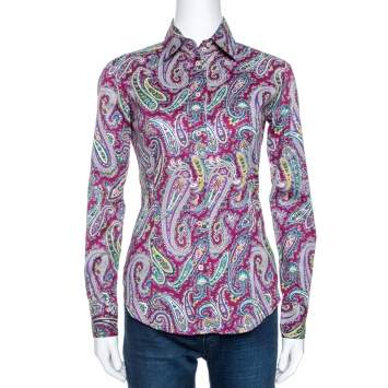 مملوكة مسبقًا Etro Purple Paisley Print Stretch Cotton Long Sleeve Shirt S