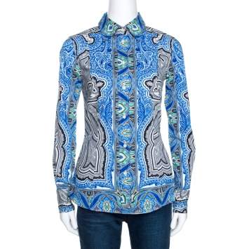 Pre Owned Etro Blue Printed Stretch Cotton Long Sleeve Shirt S