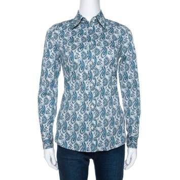 مملوكة مسبقًا Etro Teal Blue Paisley Printed Stretch Cotton Shirt S 