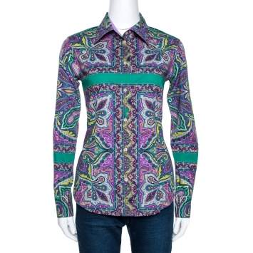 Pre Owned Etro Purple & Green Paisley Print Stretch Cotton Shirt S