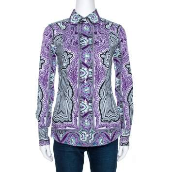 Pre Owned Etro Purple & Black Paisley Print Stretch Cotton Shirt S