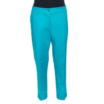 Pre Owned Etro Jade Green Stretch Cotton Cuffed Hem Tailored Trousers L