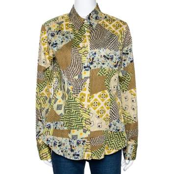 Pre Owned Etro Yellow Stretch Cotton Multi Print Button Front Shirt L