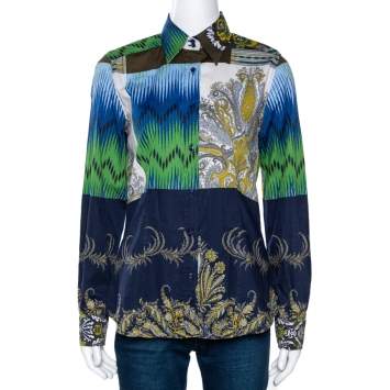 Pre Owned Etro Navy Blue Ikat Paisley Print Stretch Cotton Shirt M