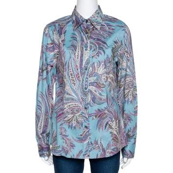 Pre Owned Etro Teal Paisley Print Stretch Cotton Long Sleeve Shirt L