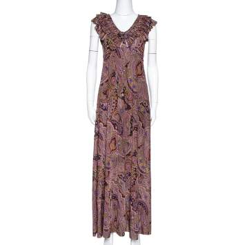 Pre Owned Etro Olive Green Paisley Print Stretch Jersey Ruffled Maxi Dress S