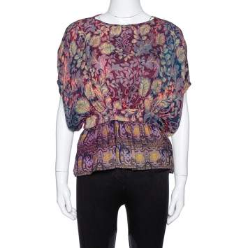 Pre Owned Etro Purple Leaf Print Silk Chiffon Peplum Blouse S
