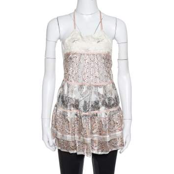 Pre Owned Etro Cream Floral Print Silk Sheer Open Back Halter Neck Top M