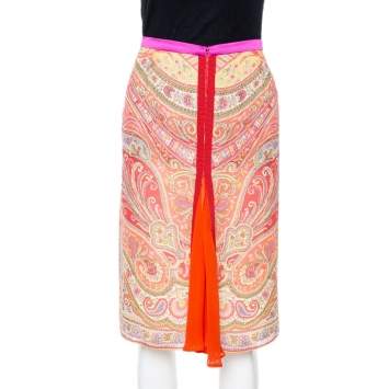 Pre Owned Etro Coral Silk Paisley Print Zip Detail Skirt M