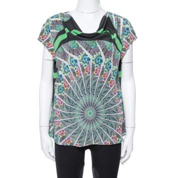 Pre Owned Etro Green Paisley Printed Silk Cowl Neck Top L