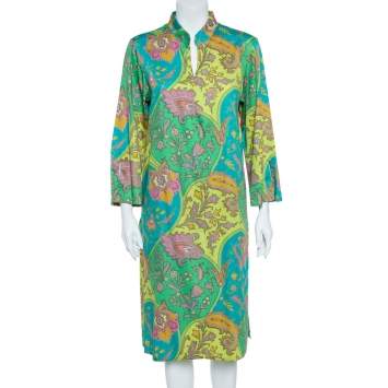 Pre Owned Etro Green Cotton Printed Crepe de Chine Dress L
