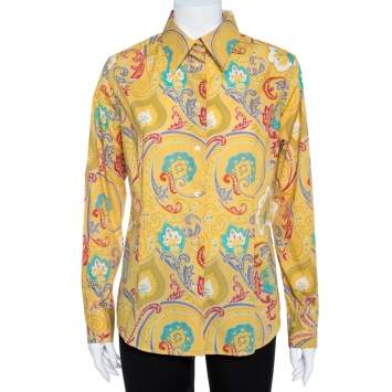 Pre Owned Etro Yellow Paisley Print Stretch Cotton Shirt L