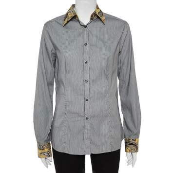 Pre Owned Etro Black and White Cotton Stripe Body with Paisley Print Shirt L
