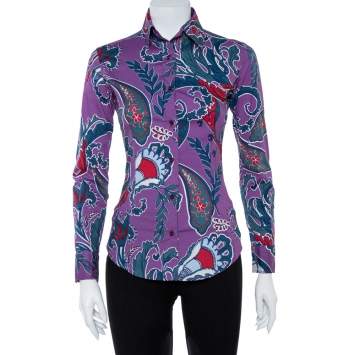 Pre Owned Etro Purple Floral Paisley Print Stretch Cotton Shirt S