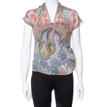 Pre Owned Etro Pale Grey Floral Print Silk Faux Wrap Blouse S