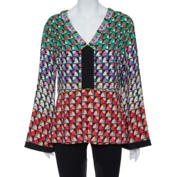 Pre Owned Etro Multicolor Knit  Abstract Print Embellished Plunge Neck Detail Top L
