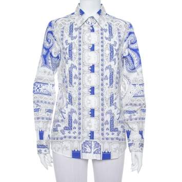 Pre Owned Etro White & Blue Abstract Printed Cotton Button Front Shirt L 