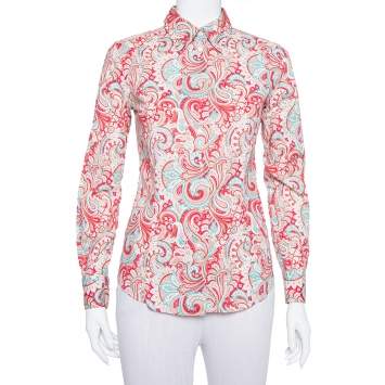 Pre Owned Etro Red Paisley Printed Stretch Cotton Button Front Shirt S